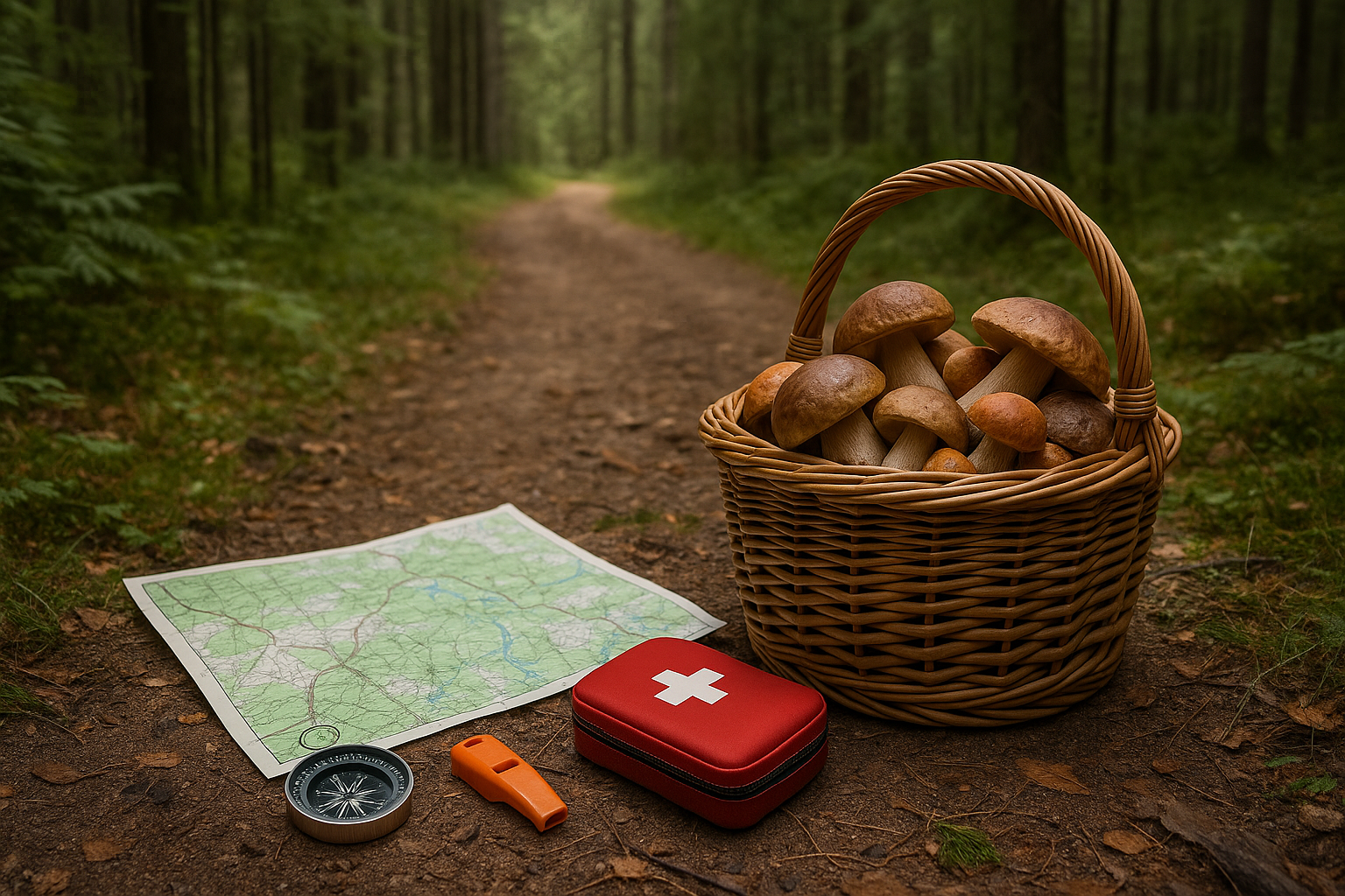 Kosz i ekwipunek (mapa, kompas, apteczka) — zdjęcie w tle